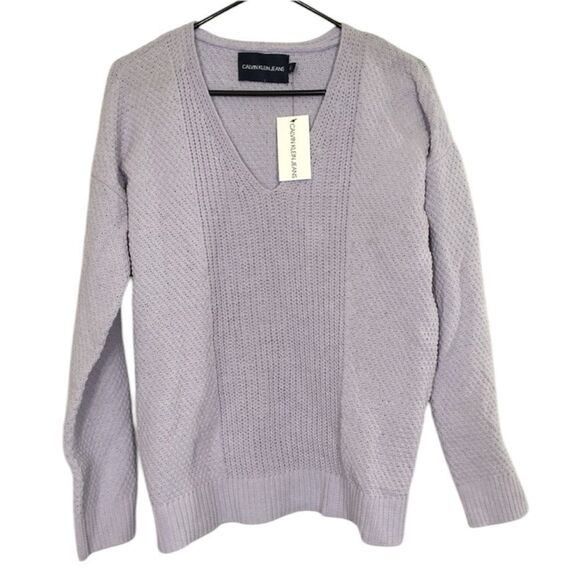 NWT CALVIN KLEIN JEANS MINIMALIST LAVENDER CHUNKY KNIT V NECK PULLOVER SWEATER L - Picture 1 of 12